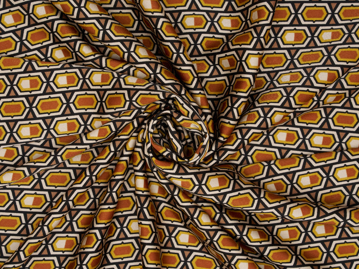Lightweight stretch   satin  fabric by the yard -  Mustard brown ivory motif tile pattern