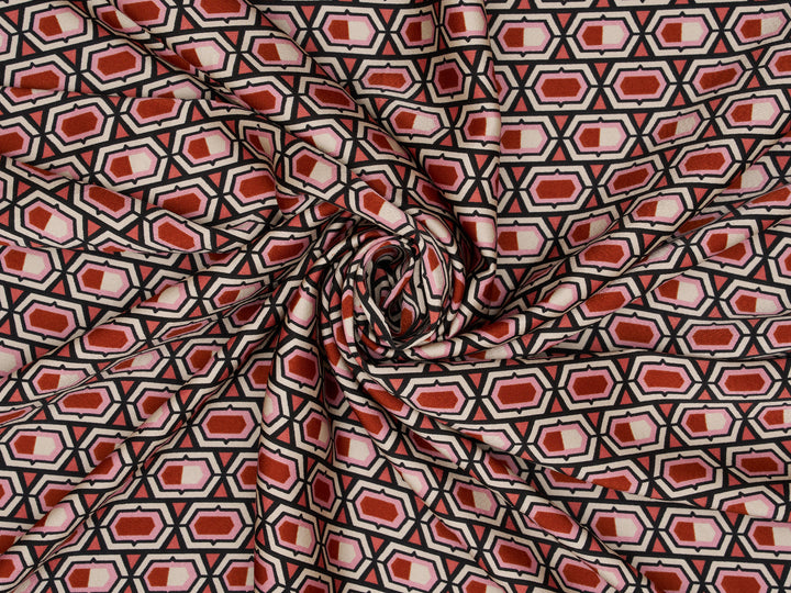 Lightweight stretch   satin  fabric by the yard -  Pink burgundy  ivory motif tile pattern