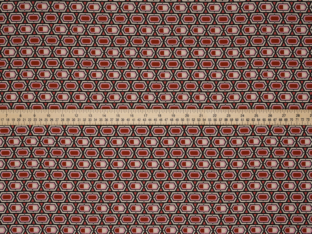 Lightweight stretch   satin  fabric by the yard -  Pink burgundy  ivory motif tile pattern