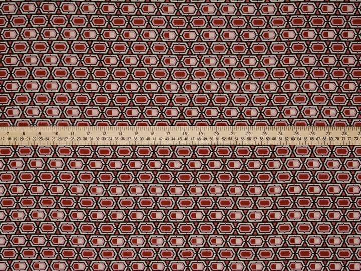 Lightweight stretch   satin  fabric by the yard -  Pink burgundy  ivory motif tile pattern