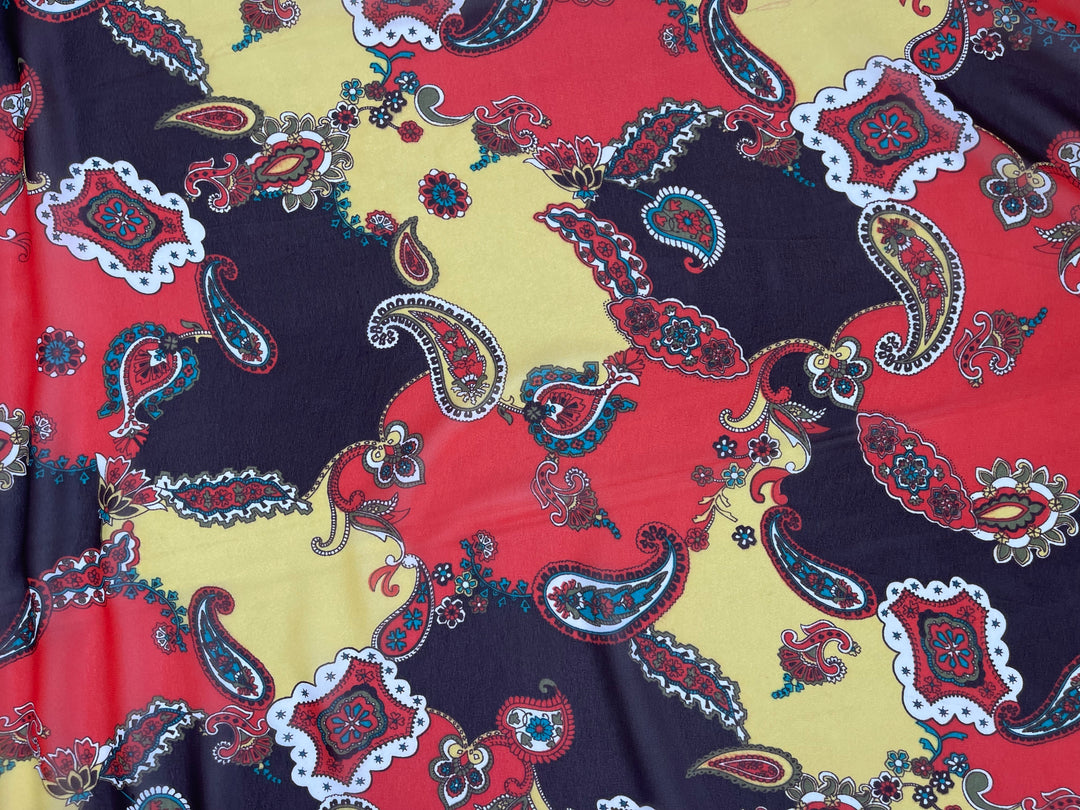 Chiffon fabric by the yard - Red Yellow Paisley Print