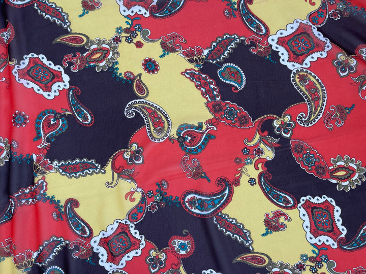 Chiffon fabric by the yard - Red Yellow Paisley Print