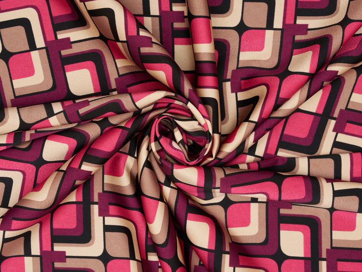 Lightweight stretch   satin  fabric by the yard -  Raspberry Pink Mauve square tile pattern