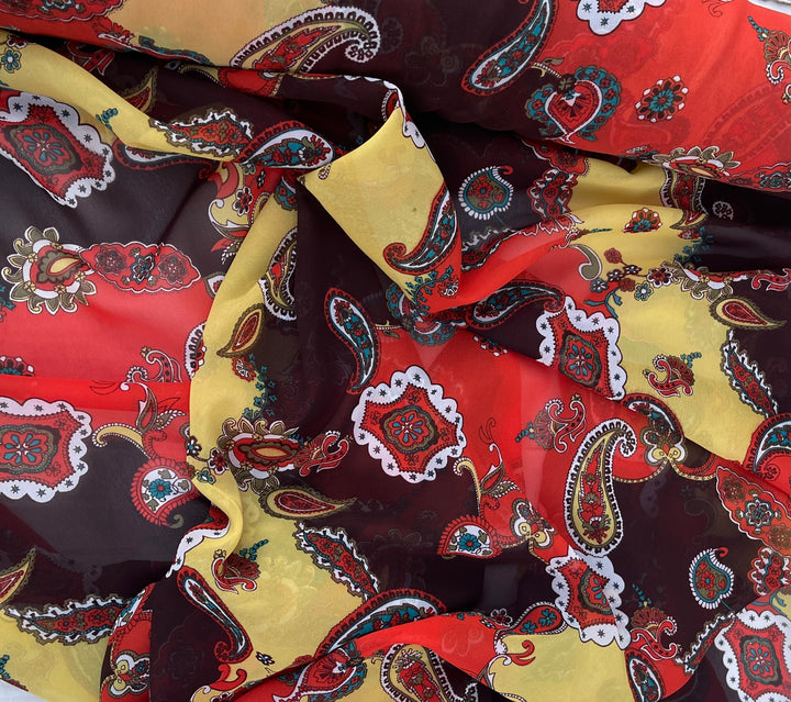 Chiffon fabric by the yard - Red Yellow Paisley Print