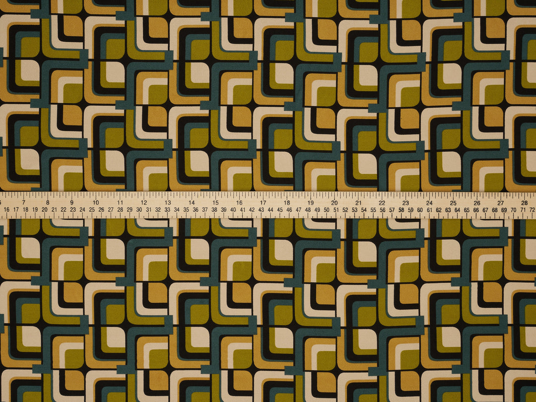 Lightweight stretch   satin  fabric by the yard -  Mustard green square tile pattern