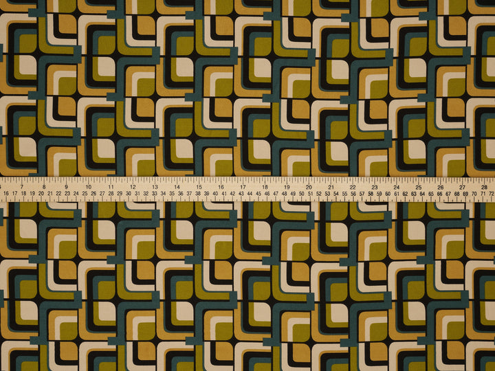 Lightweight stretch   satin  fabric by the yard -  Mustard green square tile pattern