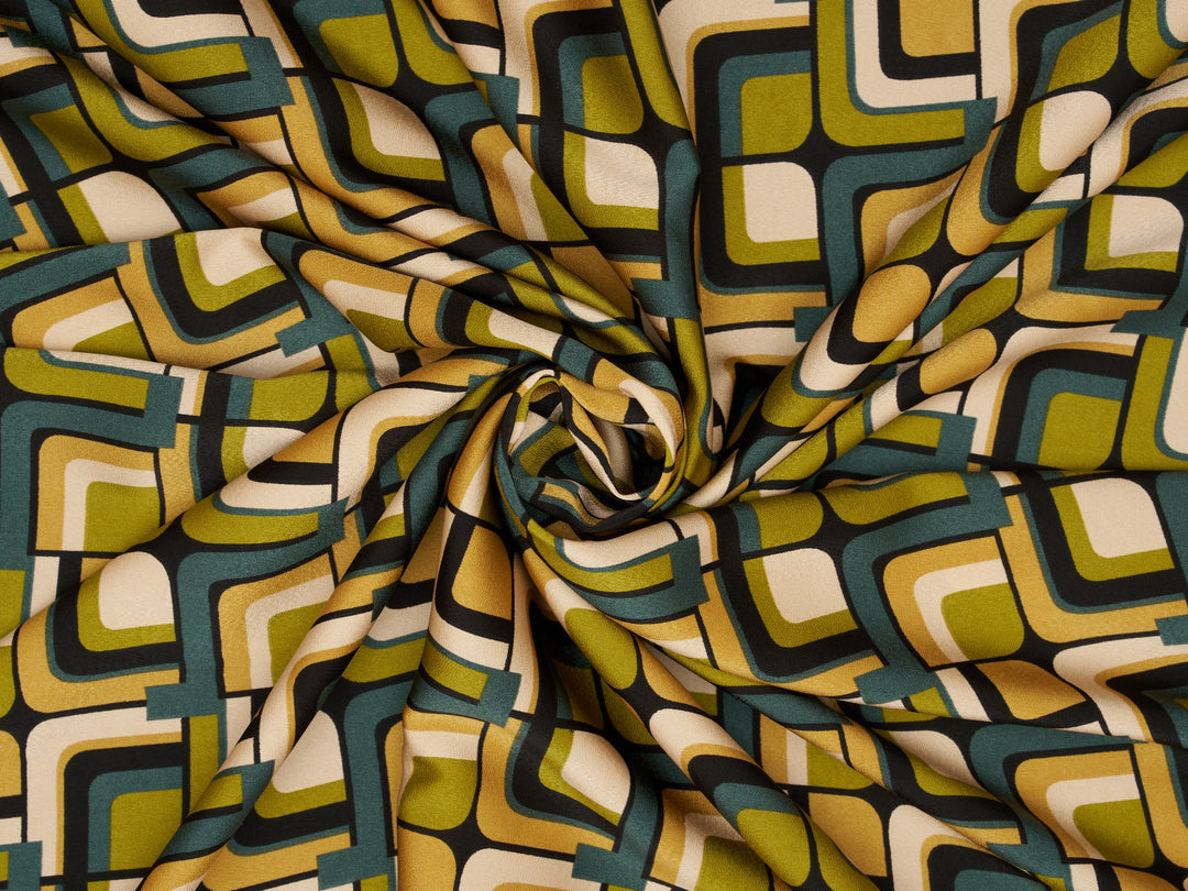Lightweight stretch   satin  fabric by the yard -  Mustard green square tile pattern
