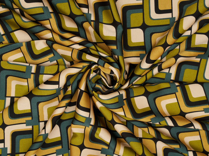 Lightweight stretch   satin  fabric by the yard -  Mustard green square tile pattern