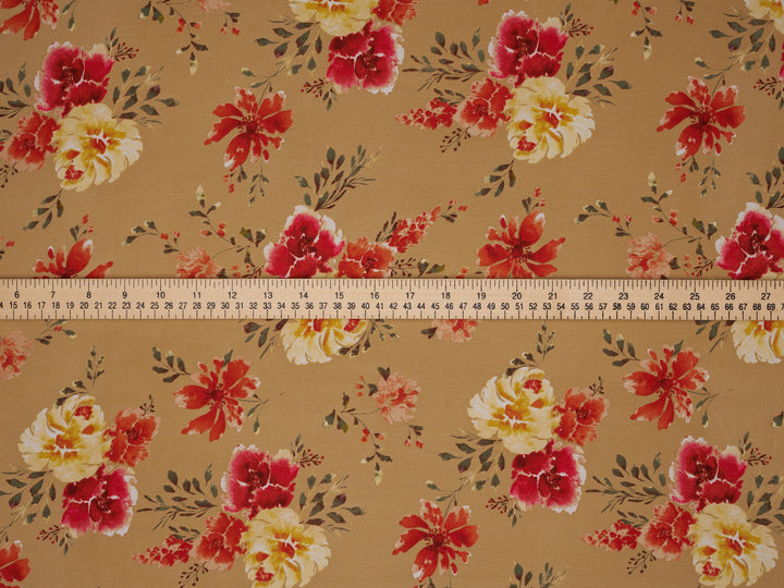 Lightweight  satin  fabric by the yard - Mocha with red and yellow  florals  pattern