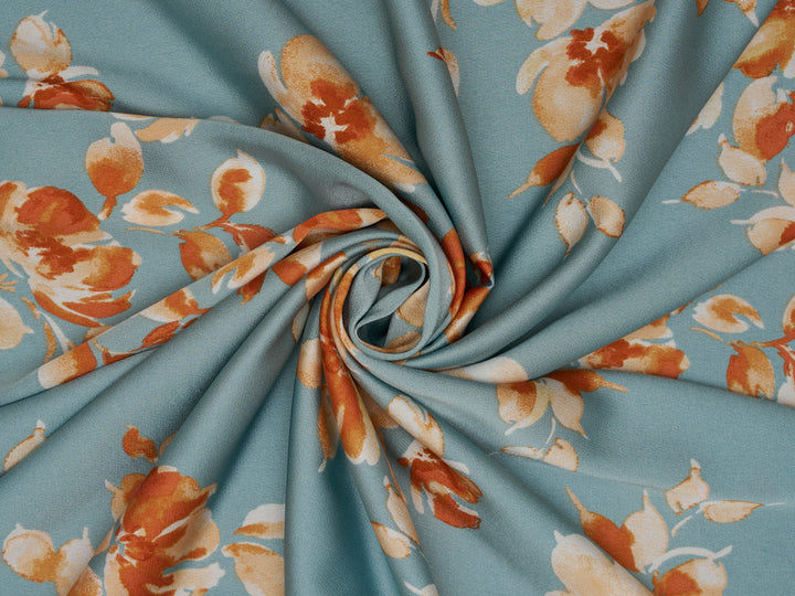 satin  dobby fabric by the yard - Dusty blue with rusty orange  floral  pattern