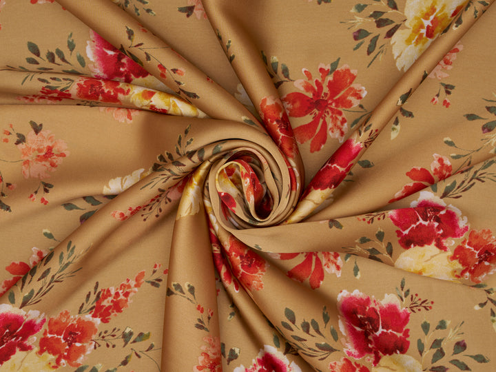 Lightweight  satin  fabric by the yard - Mocha with red and yellow  florals  pattern