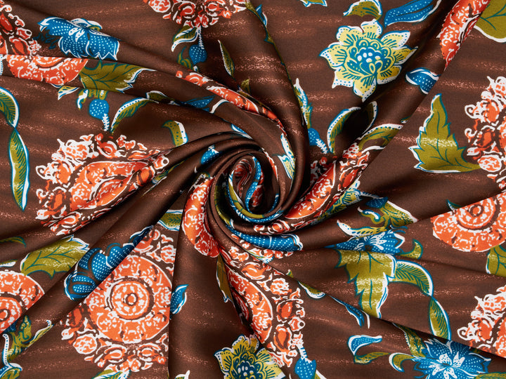 Brown  Floral Print Satin Fabric – Silky Charmeuse for Western Shirts, Wild Rags, Curly hair care & Dresses (By the Yard)