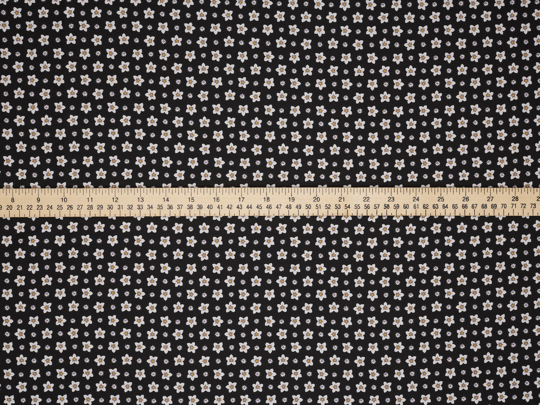 Lightweight  satin  fabric by the yard - Black white dainty    florals  print