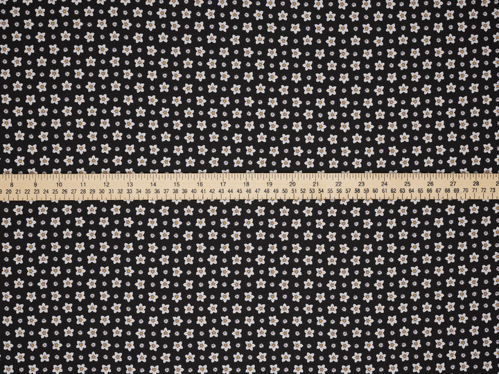 Lightweight  satin  fabric by the yard - Black white dainty    florals  print