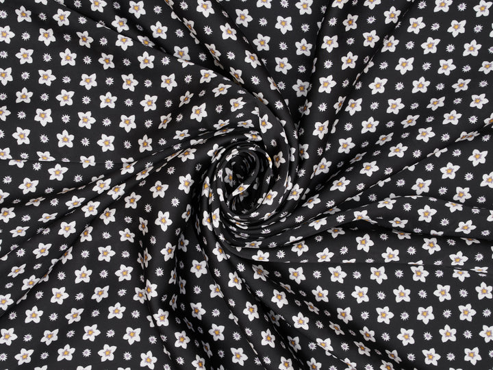 Lightweight  satin  fabric by the yard - Black white dainty    florals  print