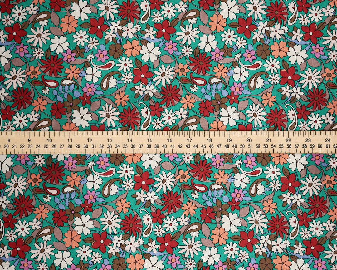 Teal brown aqua paisley and flower pattern satin fabri