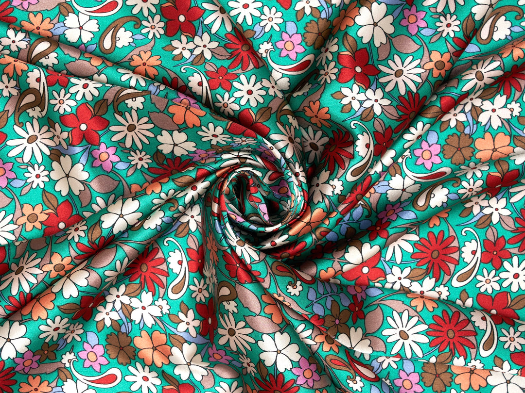 Teal red and off white Pailsey and floral print - silky satin  charmeuse  fabric by the yard