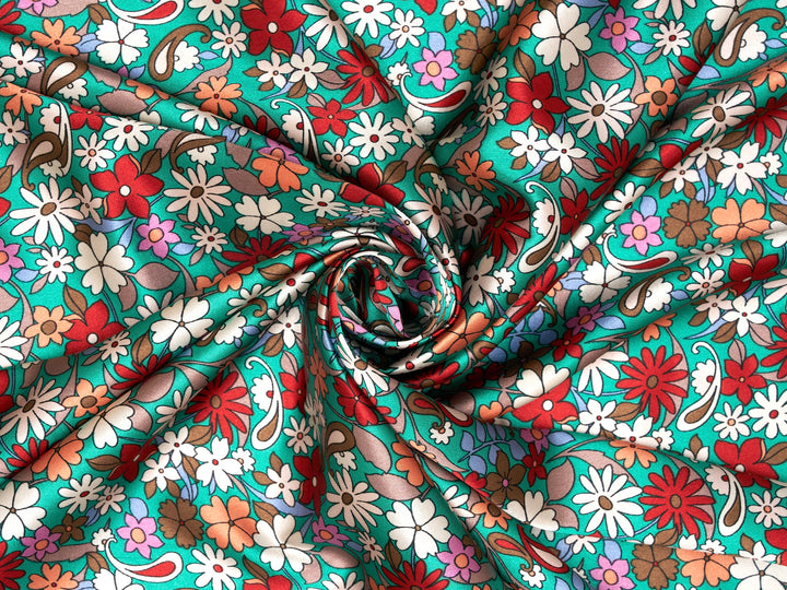 Teal red and off white Pailsey and floral print - silky satin  charmeuse  fabric by the yard