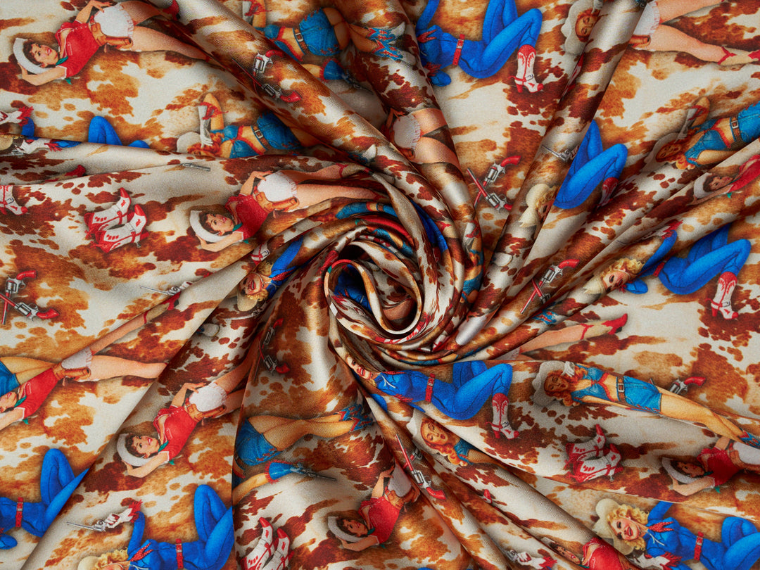 Pin Ups & Cowhide - Silky Satin Charmeuse print - fabric by the yard -  sublimation print