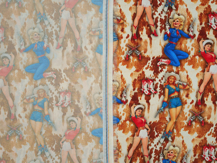Pin Ups & Cowhide - Silky Satin Charmeuse print - fabric by the yard -  sublimation print
