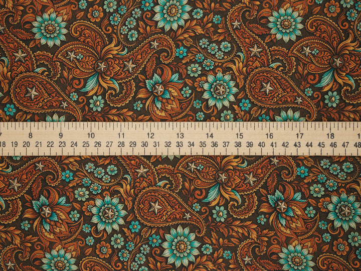 Western Brown and Aqua Paisley Satin Charmeuse Fabric by the Yard – Silky Cowboy Shirt  Fabric