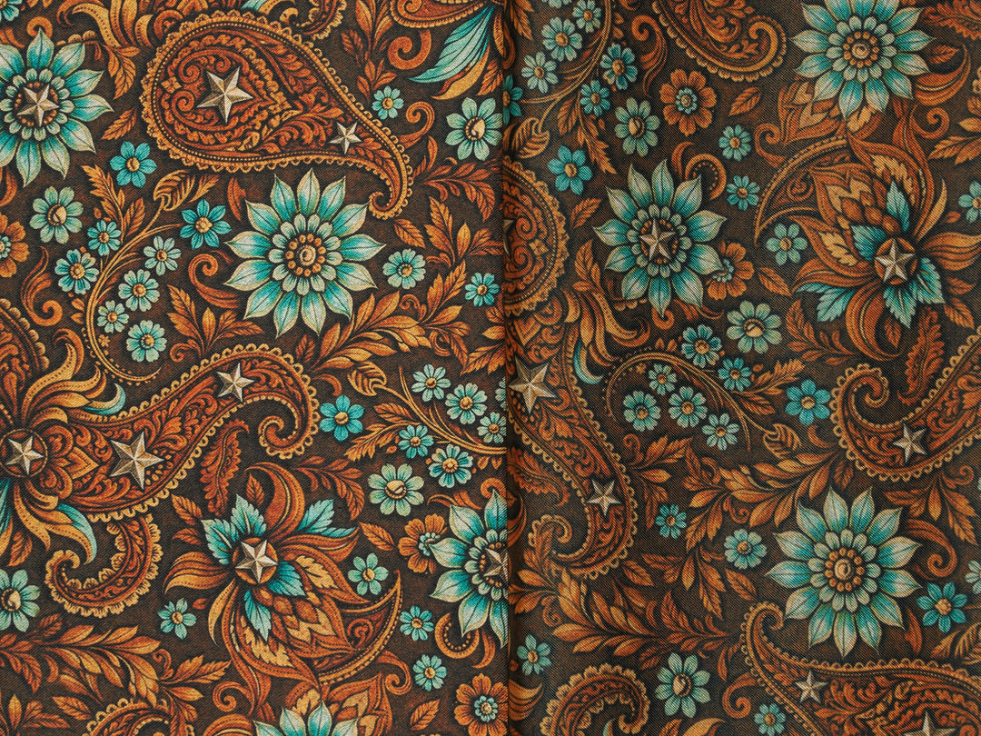 Western Brown and Aqua Paisley Satin Charmeuse Fabric by the Yard – Silky Cowboy Shirt  Fabric