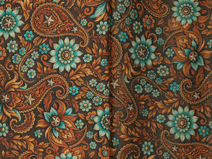 Western Brown and Aqua Paisley Satin Charmeuse Fabric by the Yard – Silky Cowboy Shirt  Fabric