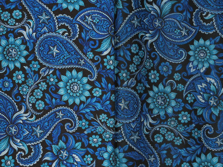 Western Black and Blue Paisley Satin Charmeuse Fabric by the Yard – Silky Cowboy Wild rag  Shirt Fabric
