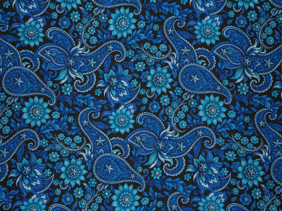 Western Black and Blue Paisley Satin Charmeuse Fabric by the Yard – Silky Cowboy Wild rag  Shirt Fabric