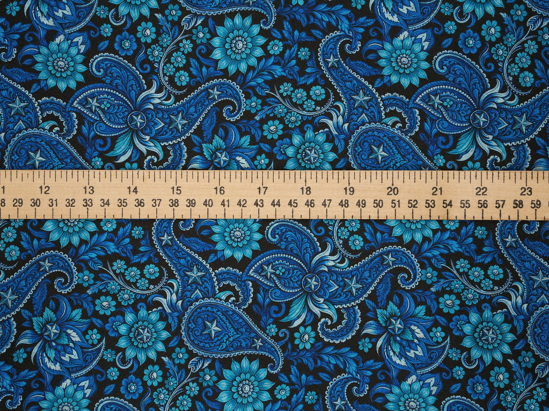 Western Black and Blue Paisley Satin Charmeuse Fabric by the Yard – Silky Cowboy Wild rag  Shirt Fabric