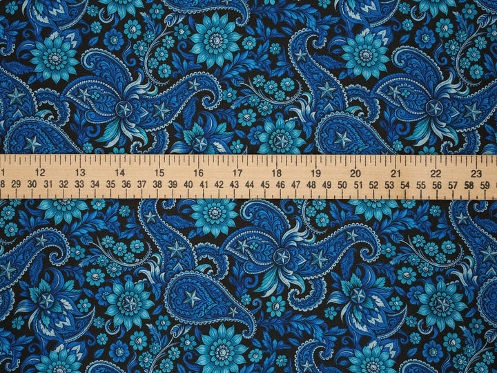 Western Black and Blue Paisley Satin Charmeuse Fabric by the Yard – Silky Cowboy Wild rag  Shirt Fabric