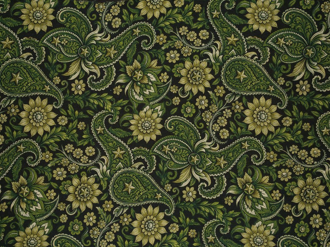 Western Green And Black  Paisley Satin Charmeuse Fabric by the Yard – Silky Cowboy Shirt Fabric