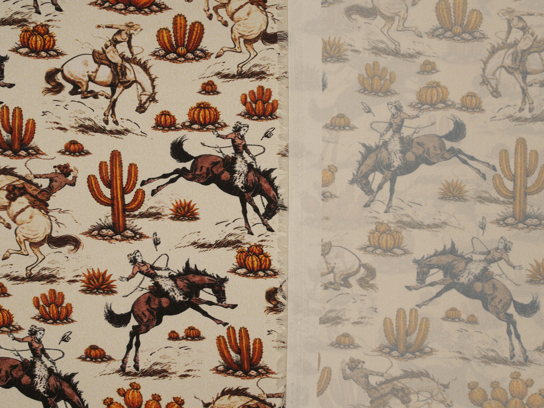 Western Cowgirls n’ Cactus   - Silky Satin Charmeuse print - fabric by the yard -  double sublimation print