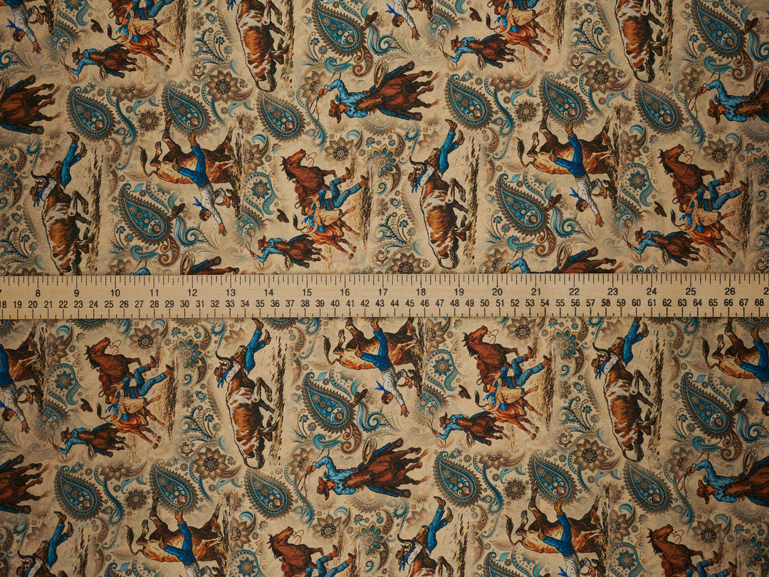 Steers Wresting  Paisley   - Silky Satin Charmeuse print - fabric by the yard -  double sublimation print