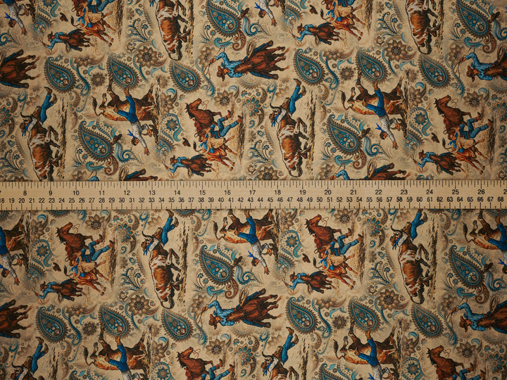 Steers Wresting  Paisley   - Silky Satin Charmeuse print - fabric by the yard -  double sublimation print