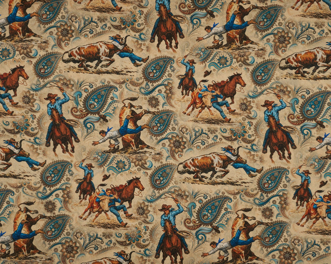 Patterned fabric with cowboy and horse design on a beige background