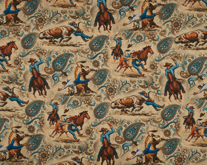Patterned fabric with cowboy and horse design on a beige background