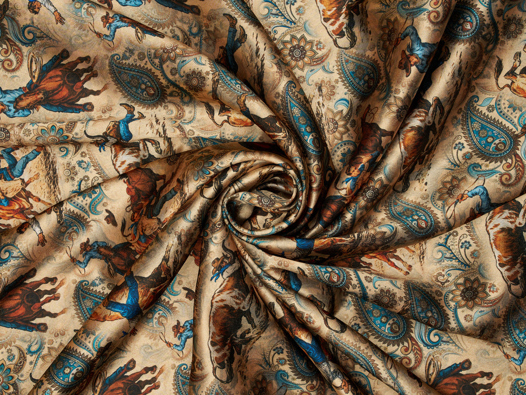 Steers Wresting  Paisley   - Silky Satin Charmeuse print - fabric by the yard -  double sublimation print