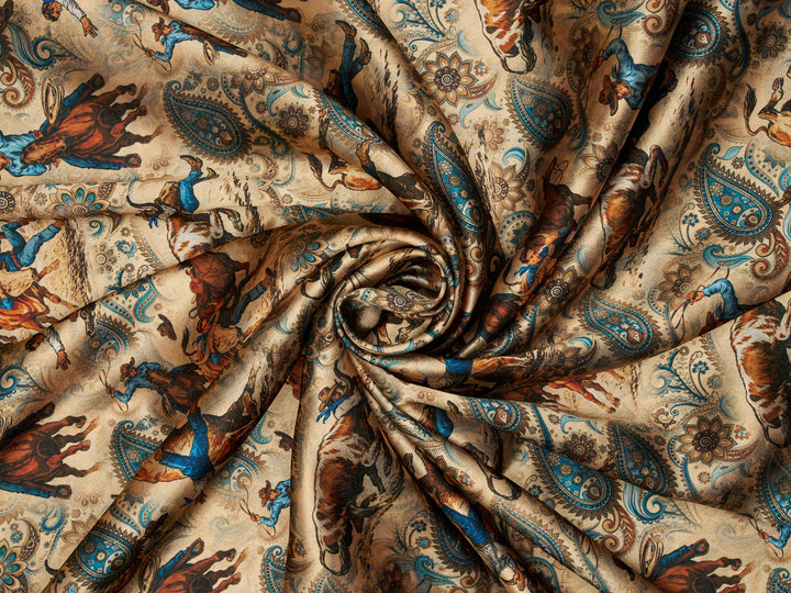 Steers Wresting  Paisley   - Silky Satin Charmeuse print - fabric by the yard -  double sublimation print