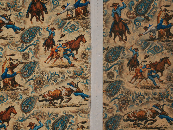 Steers Wresting  Paisley   - Silky Satin Charmeuse print - fabric by the yard -  double sublimation print