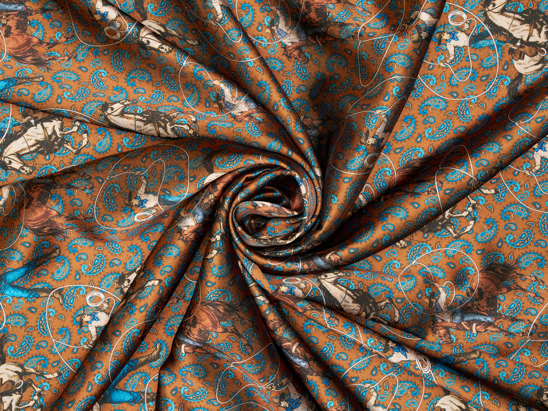 Ropin’ Paisley   - Western print  Satin Charmeuse Fabric by the Yard – Silky Cowboy Wild rag Shirt Fabric