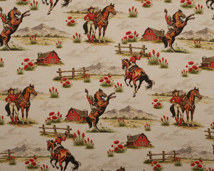 Patterned fabric with horses and barns on a beige background