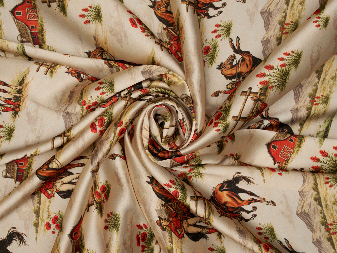 Fabric with horse and barn pattern in a spiral arrangement