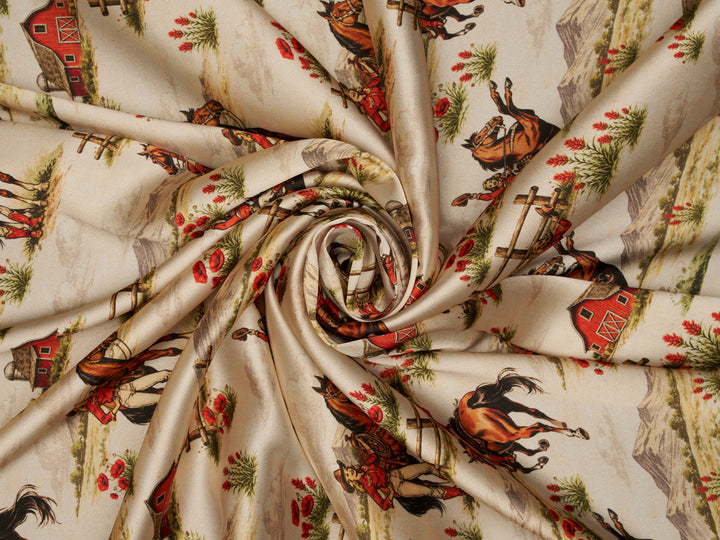 Fabric with horse and barn pattern in a spiral arrangement