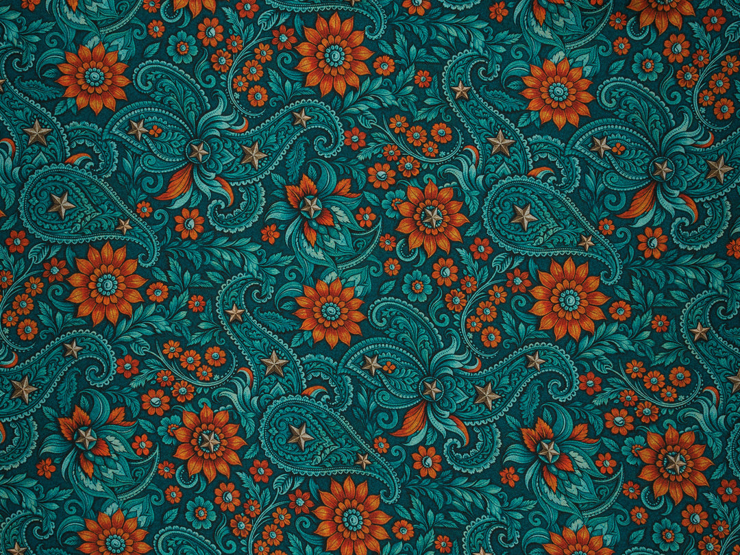 Western Paisley  Dark  Turquoise and Orange - Silky Satin Charmeuse print - fabric by the yard -  double sublimation print