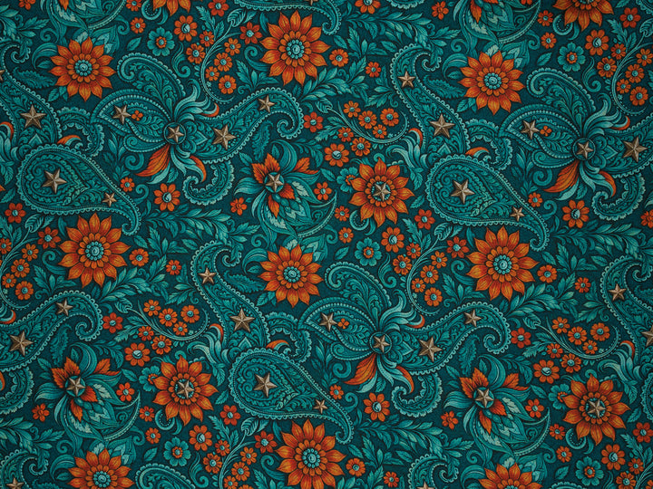 Western Paisley  Dark  Turquoise and Orange - Silky Satin Charmeuse print - fabric by the yard -  double sublimation print