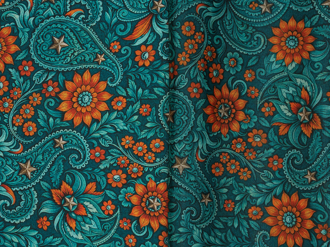 Western Paisley  Dark  Turquoise and Orange - Silky Satin Charmeuse print - fabric by the yard -  double sublimation print