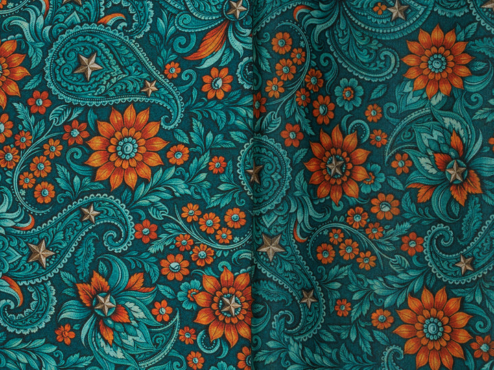 Western Paisley  Dark  Turquoise and Orange - Silky Satin Charmeuse print - fabric by the yard -  double sublimation print