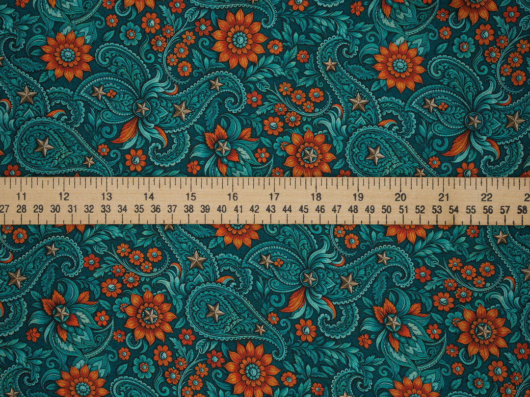 Western Paisley  Dark  Turquoise and Orange - Silky Satin Charmeuse print - fabric by the yard -  double sublimation print