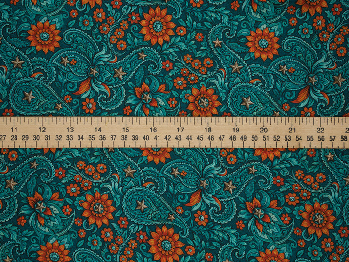 Western Paisley  Dark  Turquoise and Orange - Silky Satin Charmeuse print - fabric by the yard -  double sublimation print